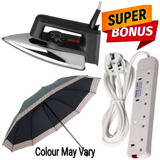 AILYONS High Quality Electric Dry Iron Box 1000W With Titanium Teflon Non-Stick Soloplate // IronBox For Smooth & Efficient Ironing + GIFTS 4 Way Power Extension Cable, Portable Foldable Umbrella