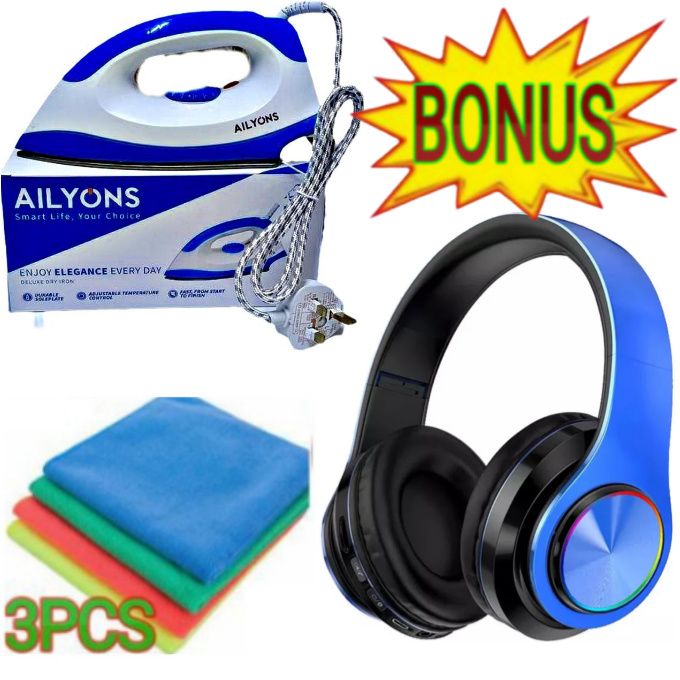 AILYONS High Efficiency Electric Iron Box with Energy Saving Technology for Home and Office + BONUS Bluetooth Headphones , 3Table Towels