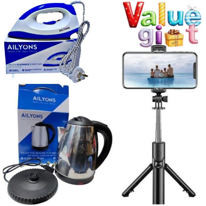 AILYONS HOME BEST 1000W Electric Iron Box for Efficient Daily Use + EXTRA BONUS Best Budget Electric Kettle Jug Boiler Water Heater + Smartphone Tripod Selfie Stand