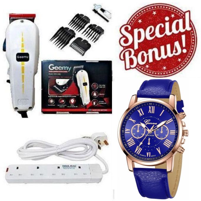 Geemy Affordable Electric Hair Trimmer Barbering Machine - Kinyozi BUSINESS // BEST SHAVER //WITH. 4 COMBS BEST ELECTRIC SHAVER / PROFESSIONAL HAIR SHAVING MACHINE + 4 WAY EXTENSION CABLE , WATCH