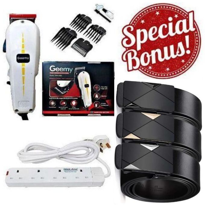 Geemy Affordable Electric Hair Trimmer Barbering Machine - Kinyozi BUSINESS / BEST SHAVER ELECTRIC SHAVER / PROFESSIONAL HAIR SHAVING MACHINE + 4 WAY EXTENSION CABLE, 3 Men's Belt Leather Automatic