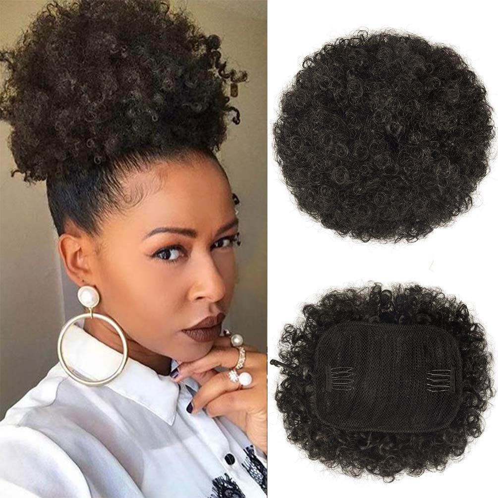 Afro Puff Clip On Synthetic Ponytail Extension for Black Women 50 Gram Short Kinky Bun for Natural Hair
