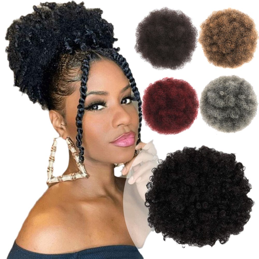Afro Puff Clip On Synthetic Ponytail Extension for Black Women 50 Gram Short Kinky Bun for Natural Hair