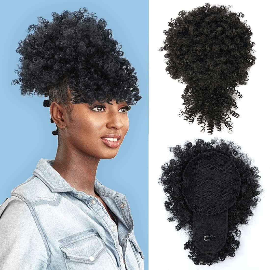 Afro Puff Drawstring Ponytail with Kinky Curly Hair Clip in Bangs Short Ponytail Extension Black Girl Updo Hairpieces for Black Women