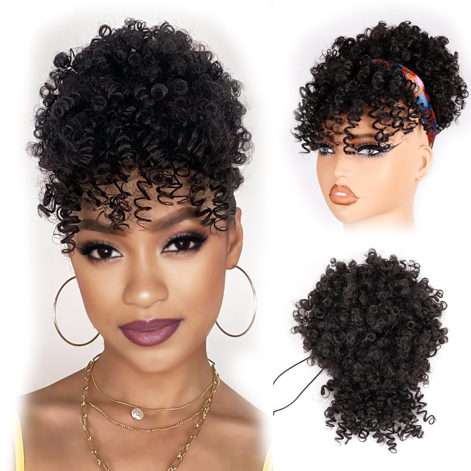 Afro Puff Drawstring Ponytail with Kinky Curly Hair Clip in Bangs Short Ponytail Extension Black Girl Updo Hairpieces for Black Women
