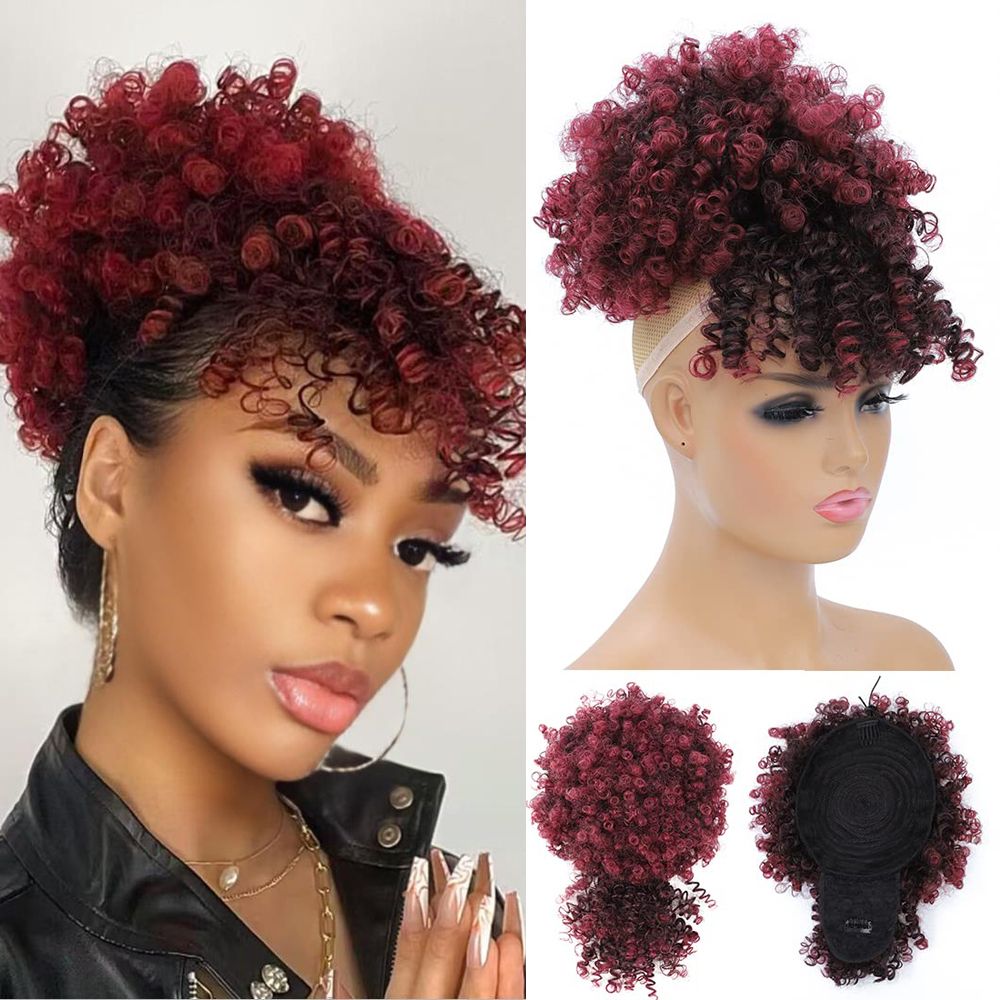 Afro Puff Drawstring Ponytail with Kinky Curly Hair Clip in Bangs Short Ponytail Extension Black Girl Updo Hairpieces for Black Women