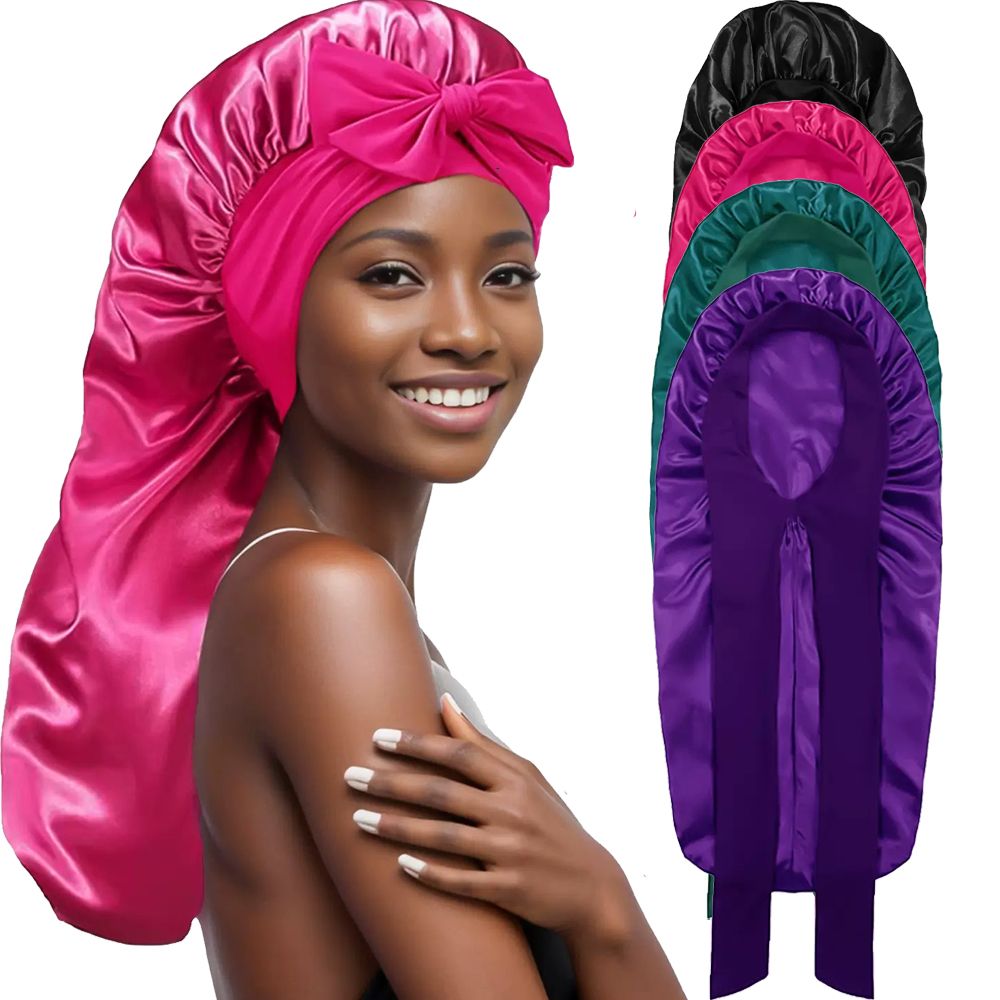 Long Bonnet Satin Hair Silk Bonnet for Sleeping Women, Silky Bonnets for Women with Tie Band, Sleep Cap for Braids Curly Hair