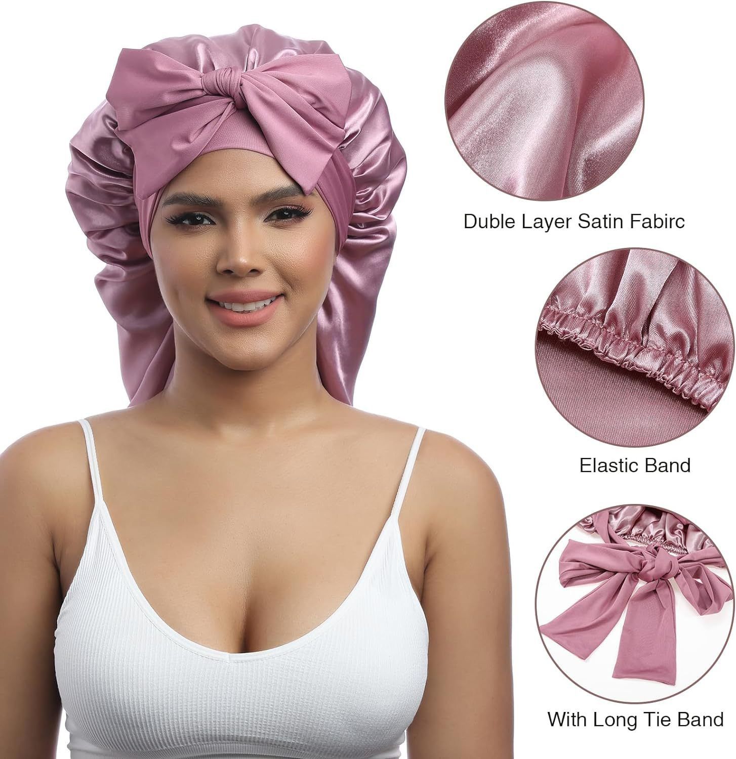 Long Bonnet Satin Hair Silk Bonnet for Sleeping Women, Silky Bonnets for Women with Tie Band, Sleep Cap for Braids Curly Hair