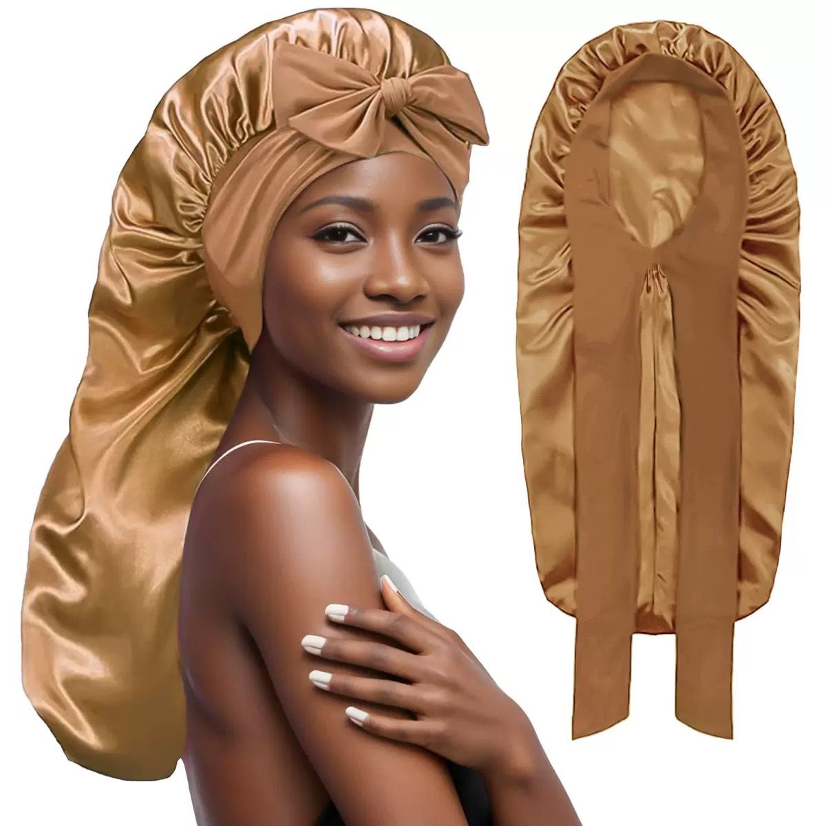 Long Bonnet Satin Hair Silk Bonnet for Sleeping Women, Silky Bonnets for Women with Tie Band, Sleep Cap for Braids Curly Hair