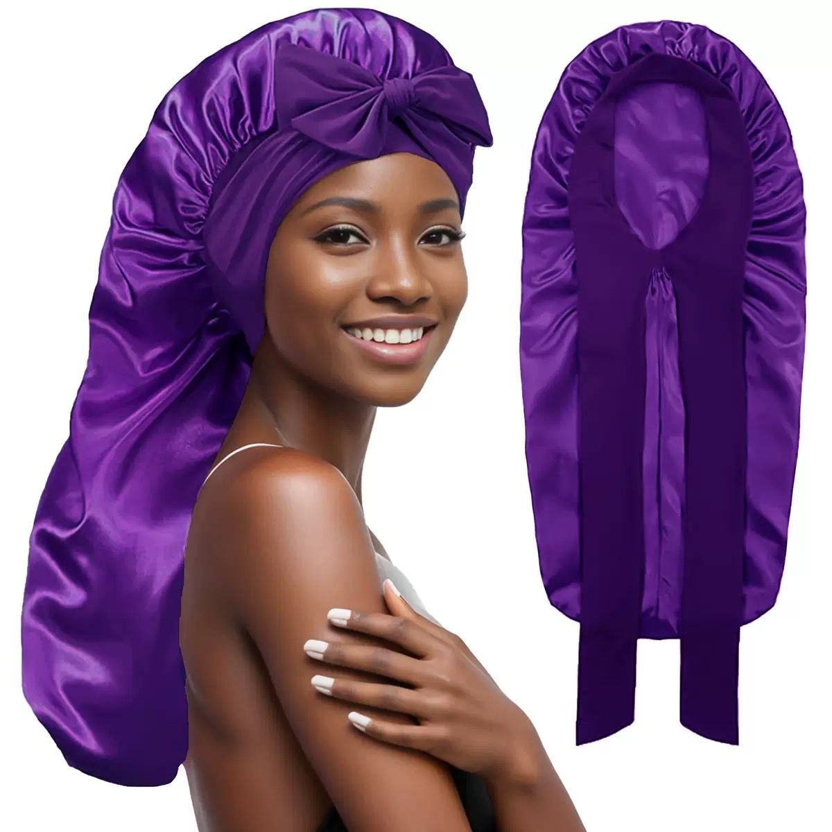 Long Bonnet Satin Hair Silk Bonnet for Sleeping Women, Silky Bonnets for Women with Tie Band, Sleep Cap for Braids Curly Hair