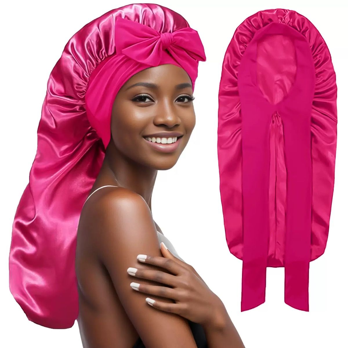 Long Bonnet Satin Hair Silk Bonnet for Sleeping Women, Silky Bonnets for Women with Tie Band, Sleep Cap for Braids Curly Hair