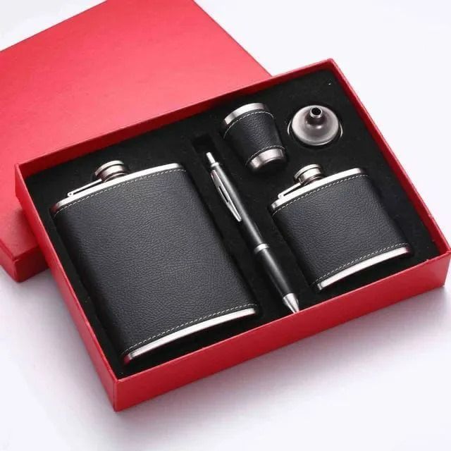 2 Whiskey Flasks with 1 Tot Cup, 1 Funnel & a Pen Gift Set