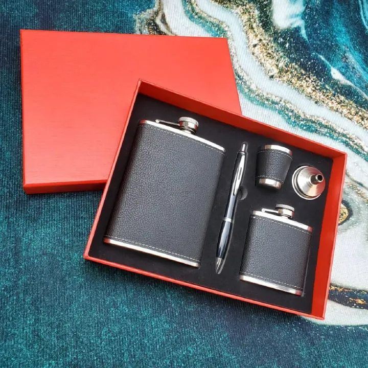 2 Whiskey Flasks with 1 Tot Cup, 1 Funnel & a Pen Gift Set