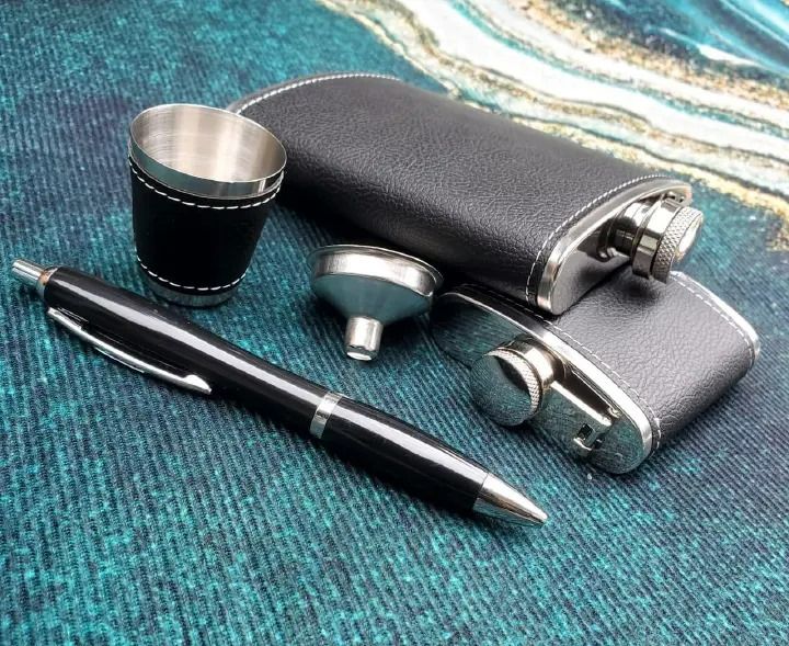2 Whiskey Flasks with 1 Tot Cup, 1 Funnel & a Pen Gift Set