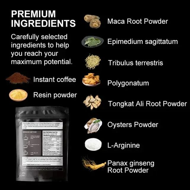 Maca BOOST COFFEE ENHANCE STAMINA IMPROVE ENERGY POWERFUL BOOSTER ROOT TONGKAT ALI L-ARGININE KOJIC ACID Plus+