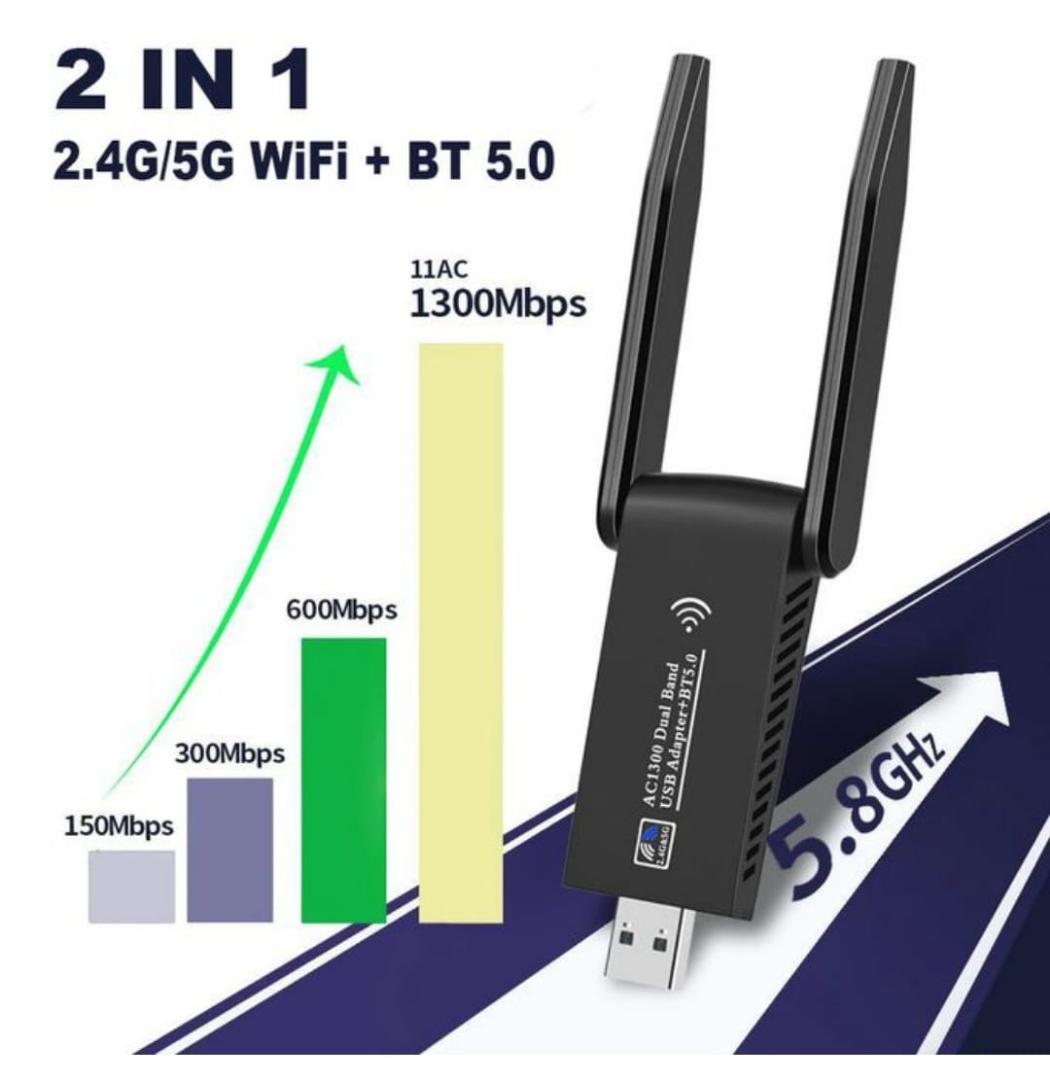 2in1 1300Mbps WiFi + Bluetooth 5.0 Powerful Adapter USB 3.0 Dongle Dual Band 2.4G&5GHz WiFi 5 Network Wireless Wlan Receiver EEEkit Wireless Network Adapter With High Gain Dual Band 2dBi Antenna For P