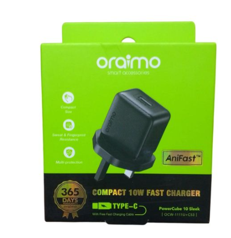 Oraimo Fast Charging Charger comes with  Type-C charging cable and 365 days warranty