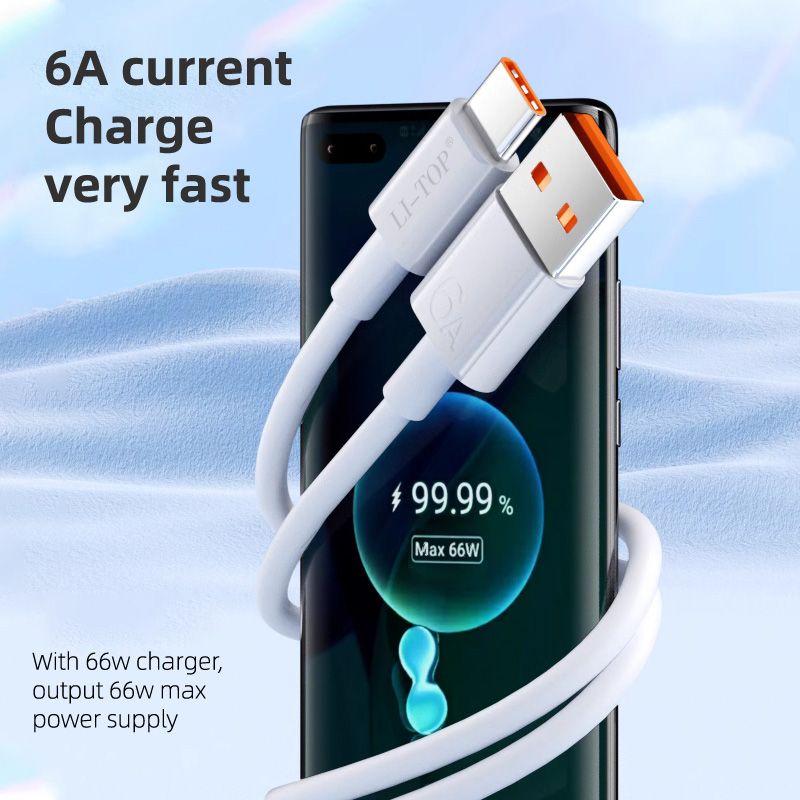 66-watt USB Type-C data cable, 10-ampere, fast charging cable, mobile phone USB cable, suitable for Huawei, Xiaomi, Redmi, and Samsung models. USB Type-C data cable