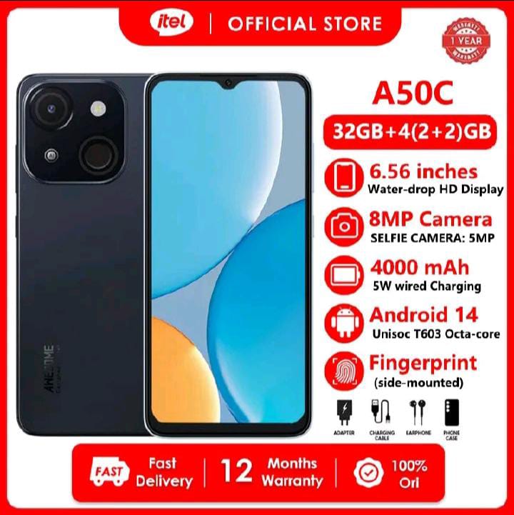 Itel A50c 4G Network 32GB + 4GB (2+2) Storage 6.6" inch screen Dual sim 8MP + 5MP camera 4000mAh battery finger print  smartphone
