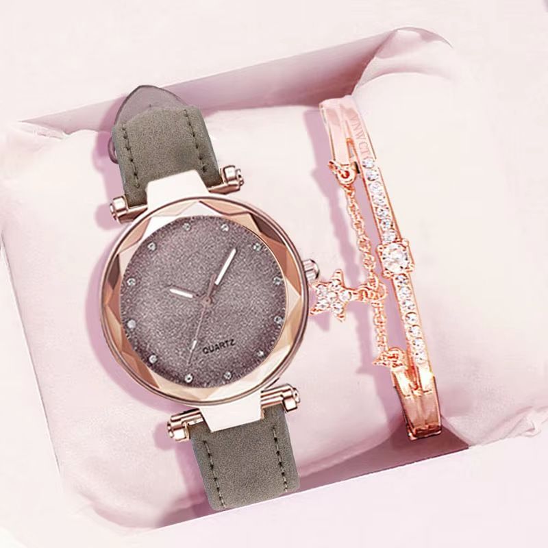 Hot sale silver powder diamond face women's watch frosted leather strap ladies casual trendy two piece set watch