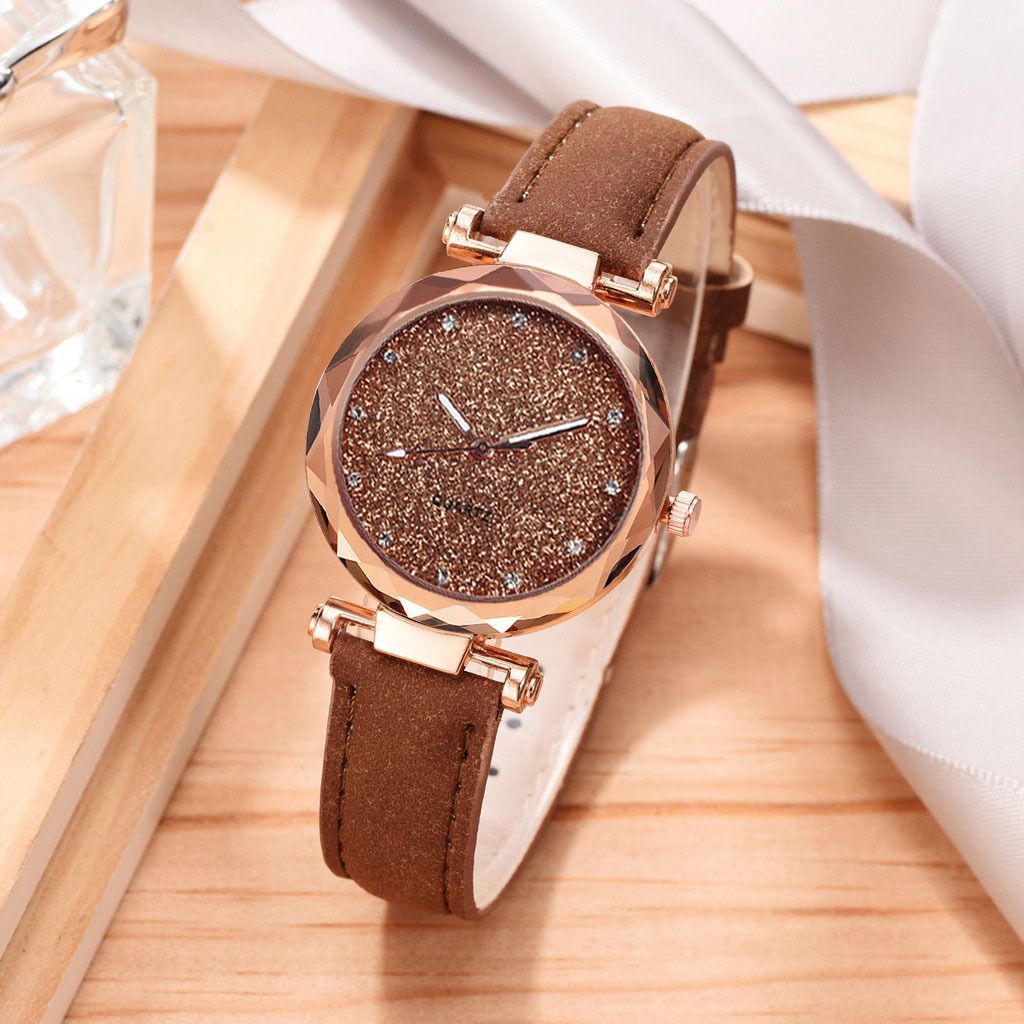 Hot sale silver powder diamond face women's watch frosted leather strap ladies casual trendy two piece set watch
