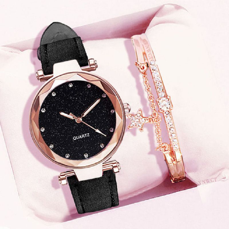 Hot sale silver powder diamond face women's watch frosted leather strap ladies casual trendy two piece set watch