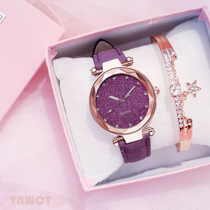 Hot sale silver powder diamond face women's watch frosted leather strap ladies casual trendy two piece set watch
