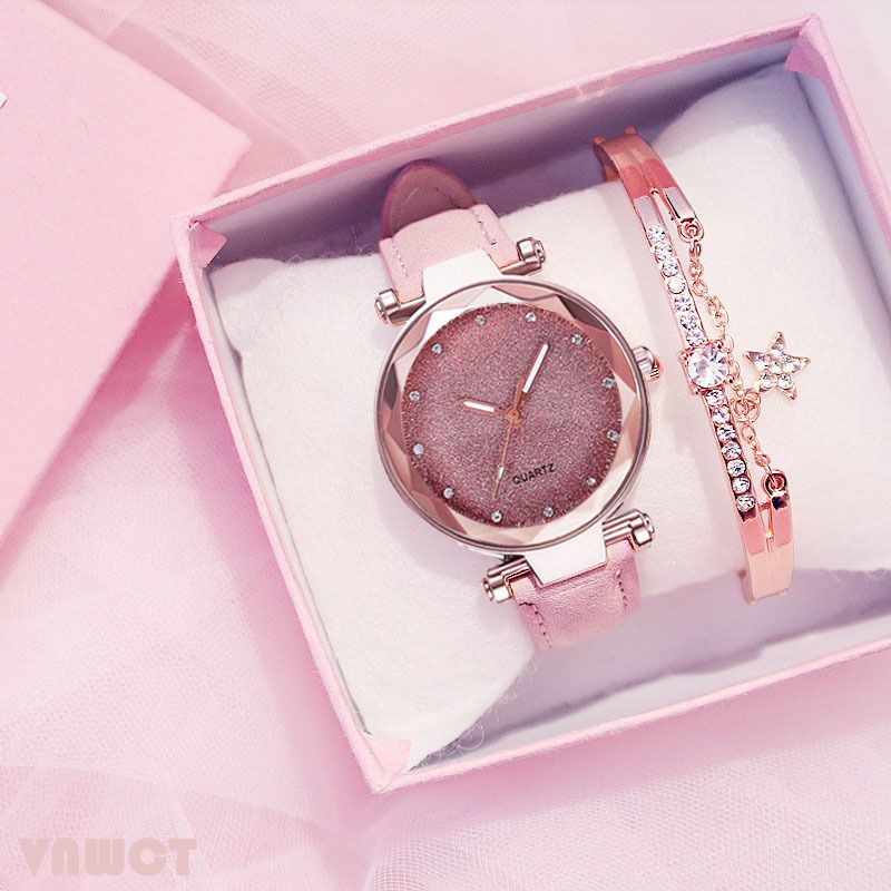Hot sale silver powder diamond face women's watch frosted leather strap ladies casual trendy two piece set watch