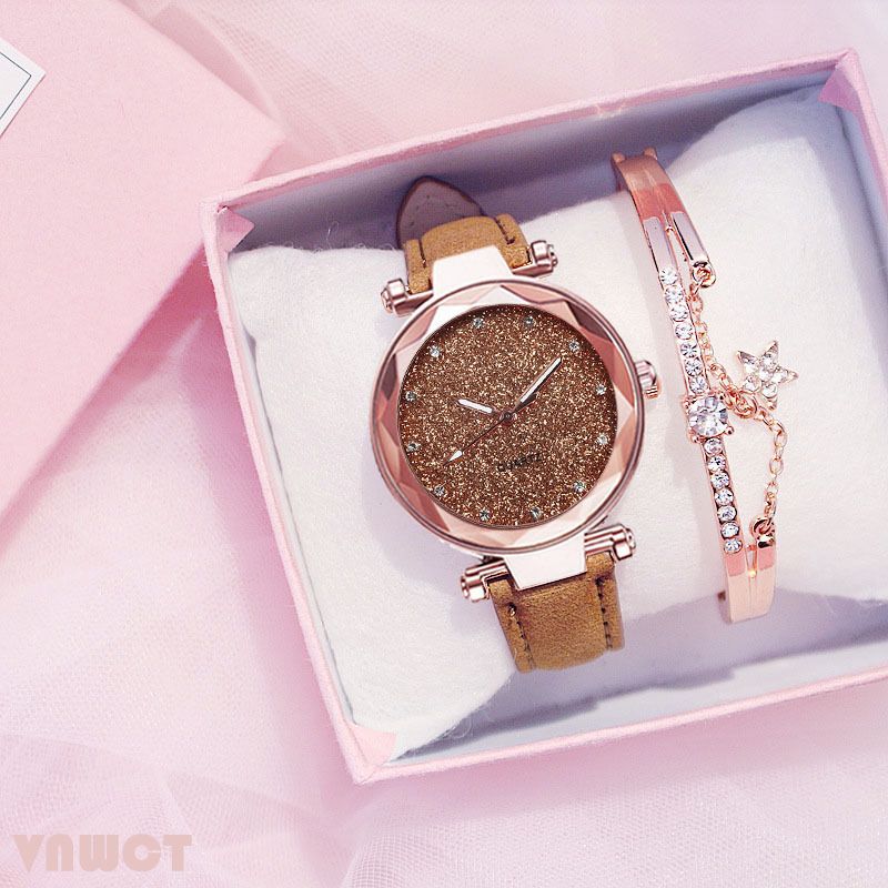 Hot sale silver powder diamond face women's watch frosted leather strap ladies casual trendy two piece set watch