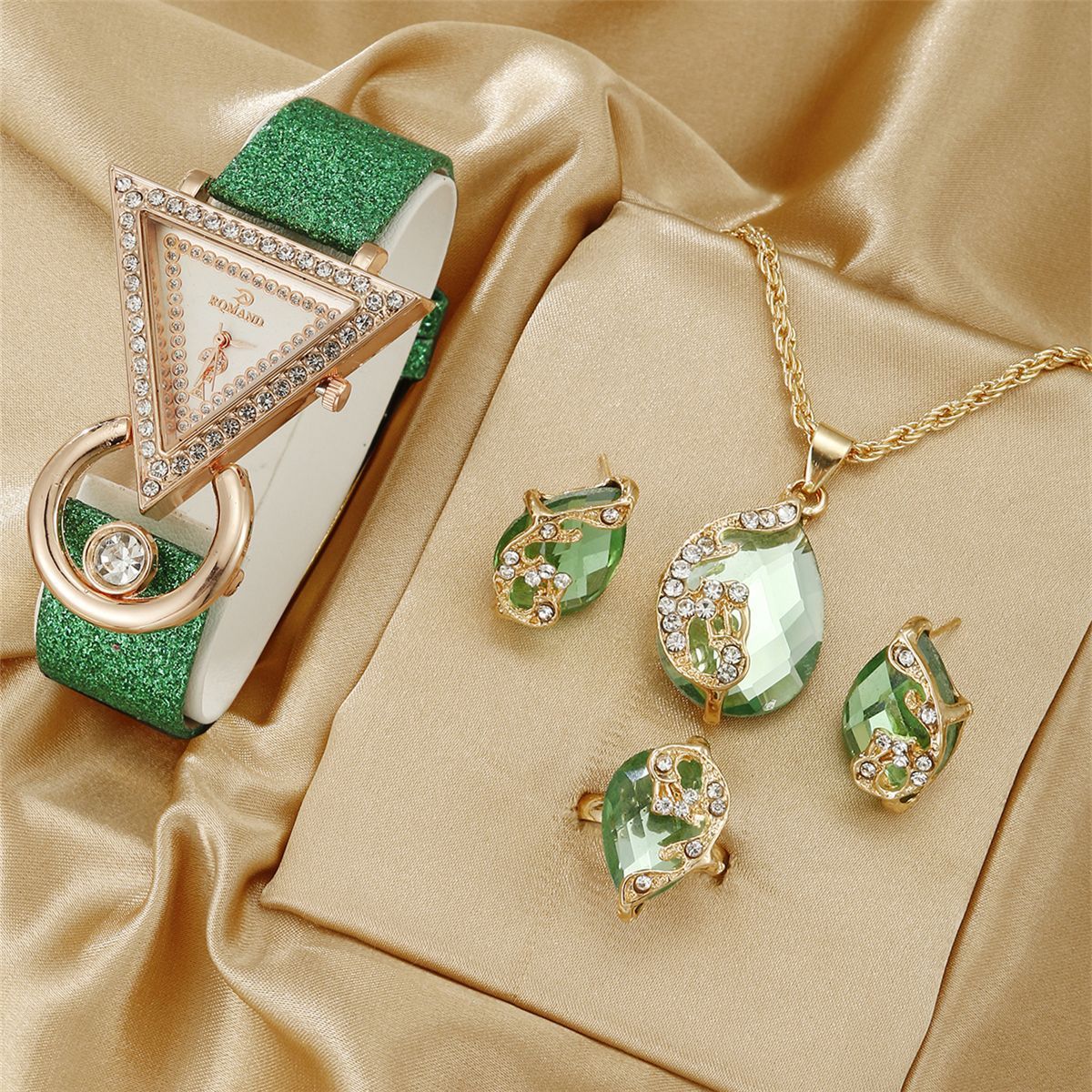 Inverted triangle diamond frosted leather ladies quartz watch necklace earrings ring peacock jewelry set