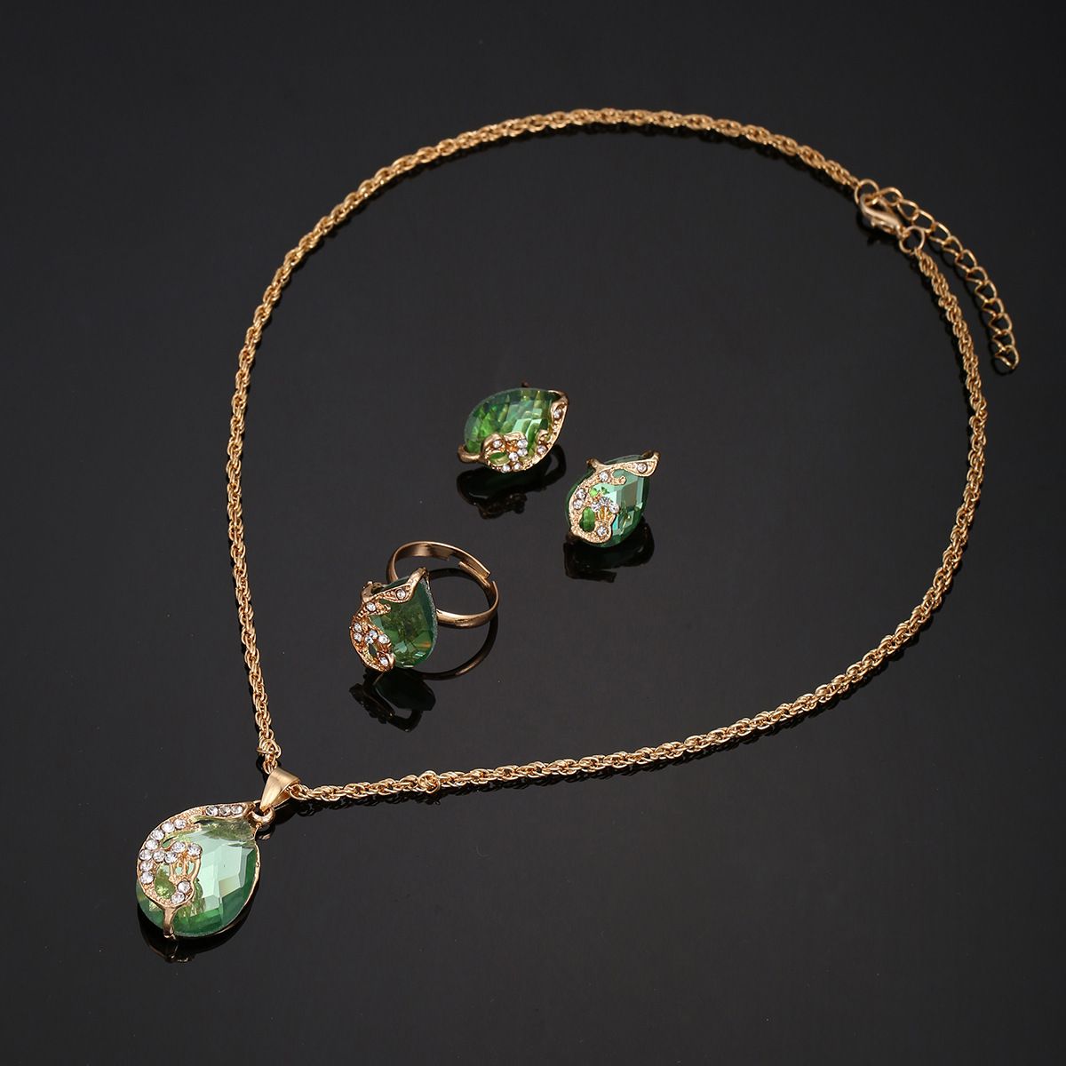 Inverted triangle diamond frosted leather ladies quartz watch necklace earrings ring peacock jewelry set