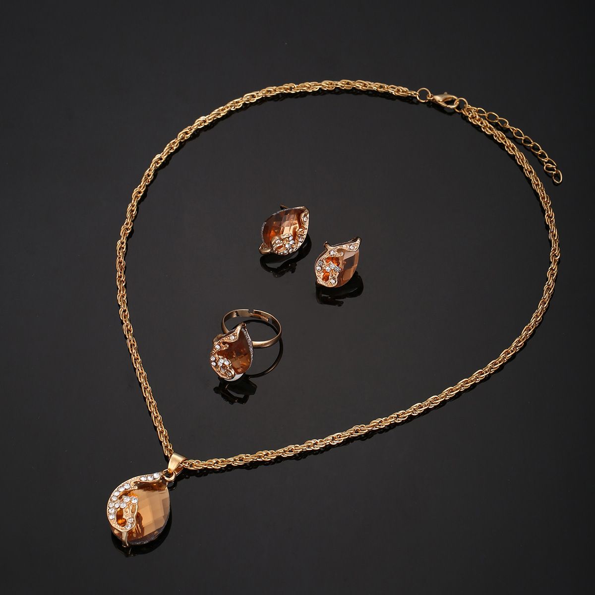 Inverted triangle diamond frosted leather ladies quartz watch necklace earrings ring peacock jewelry set