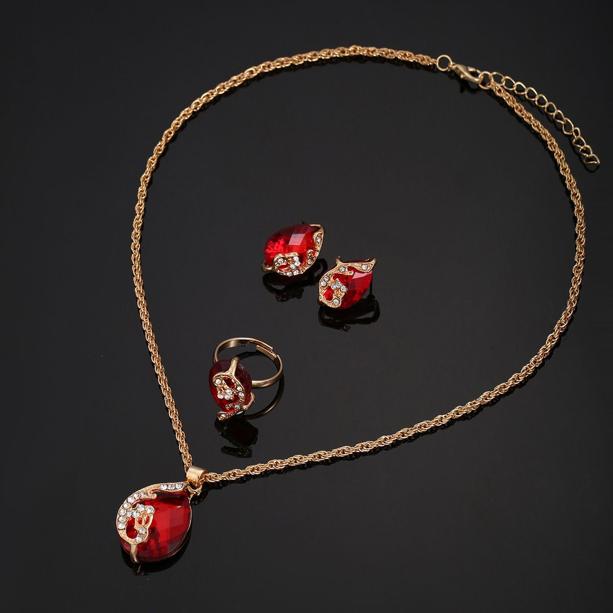 Inverted triangle diamond frosted leather ladies quartz watch necklace earrings ring peacock jewelry set