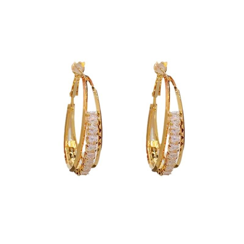 Light luxury high-grade metal hoop earrings for women 925 silver needle super flash crystal earrings