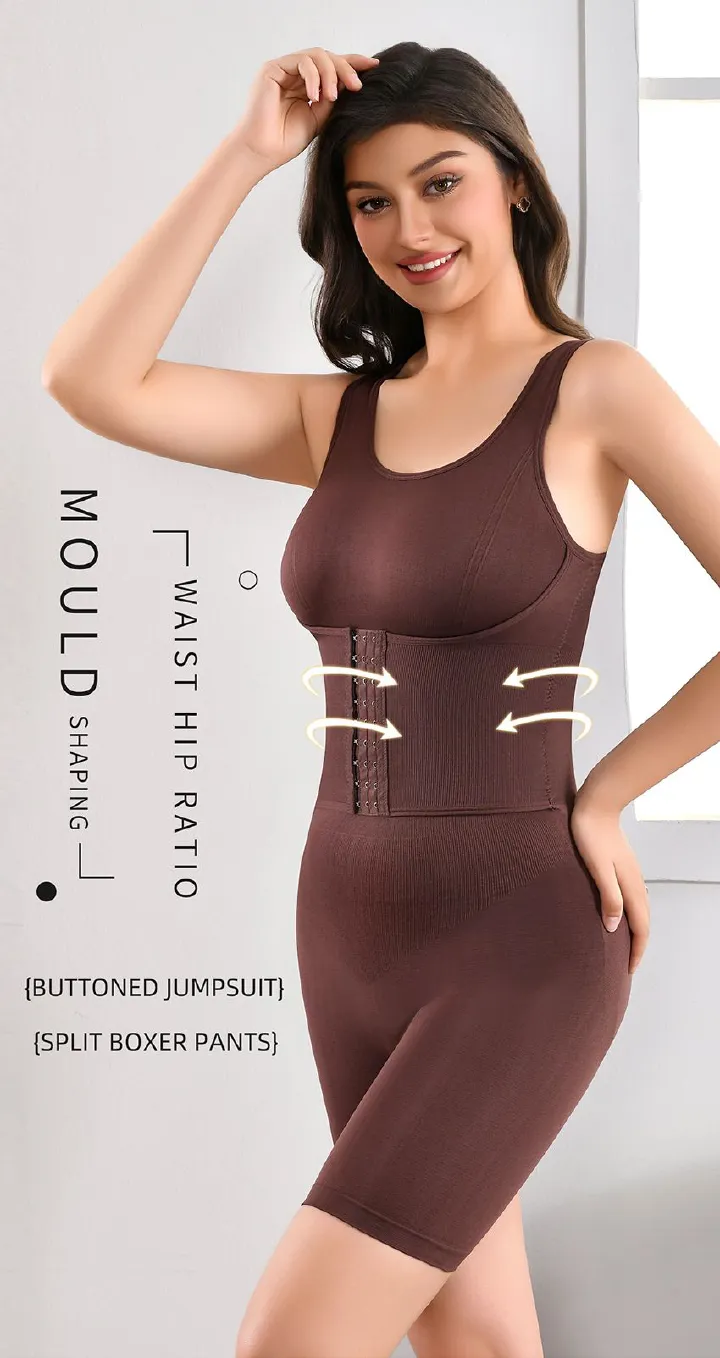 Button-breasted body-shaping bodysuit for women, postpartum, tummy-lifting, hip-lifting, tight-fitting, reinforced version, large size, tummy-lifting boxer bodysuit