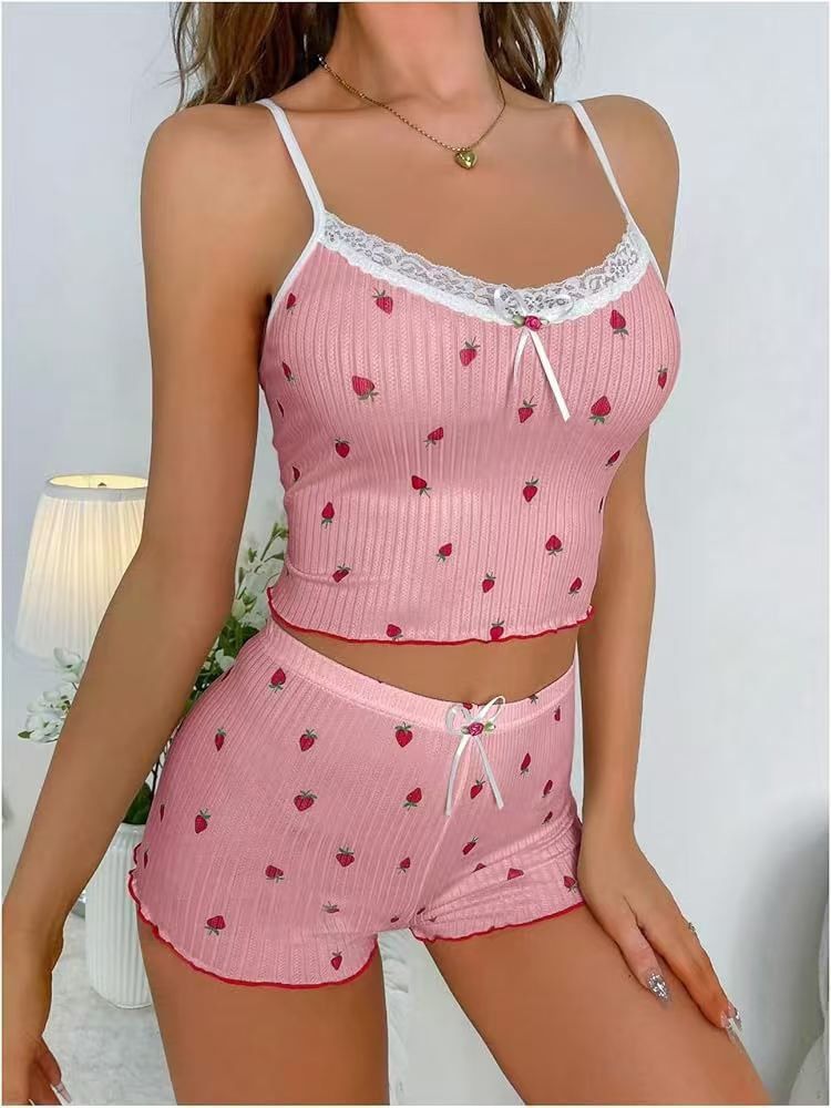 Plus-size loungewear pajamas, sexy strawberry print ribbed slim fit bow camisole pajama shorts