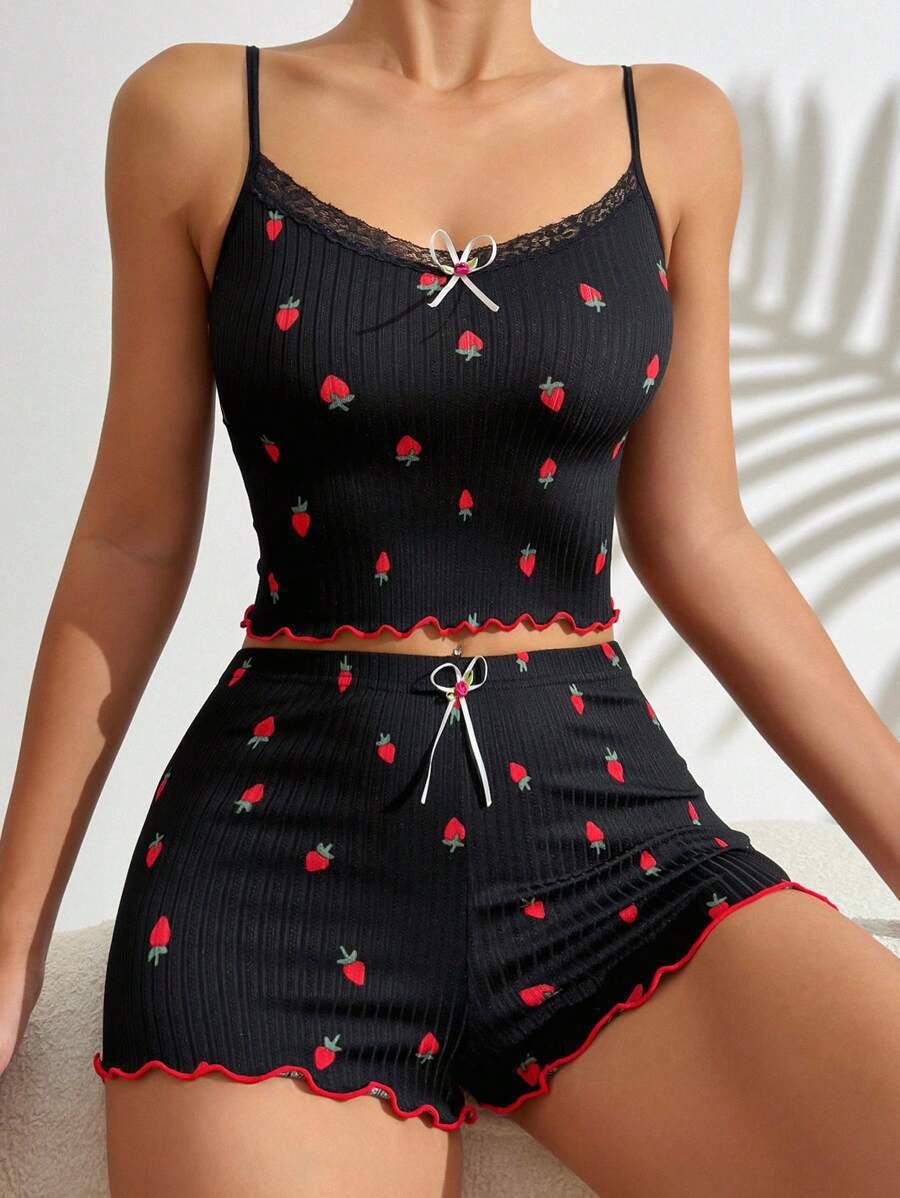 Plus-size loungewear pajamas, sexy strawberry print ribbed slim fit bow camisole pajama shorts