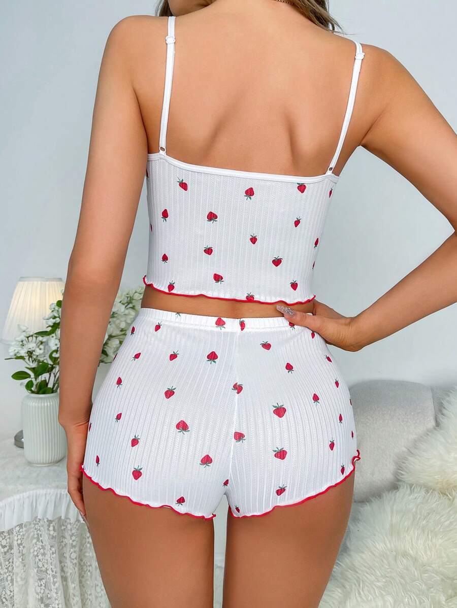 Plus-size loungewear pajamas, sexy strawberry print ribbed slim fit bow camisole pajama shorts