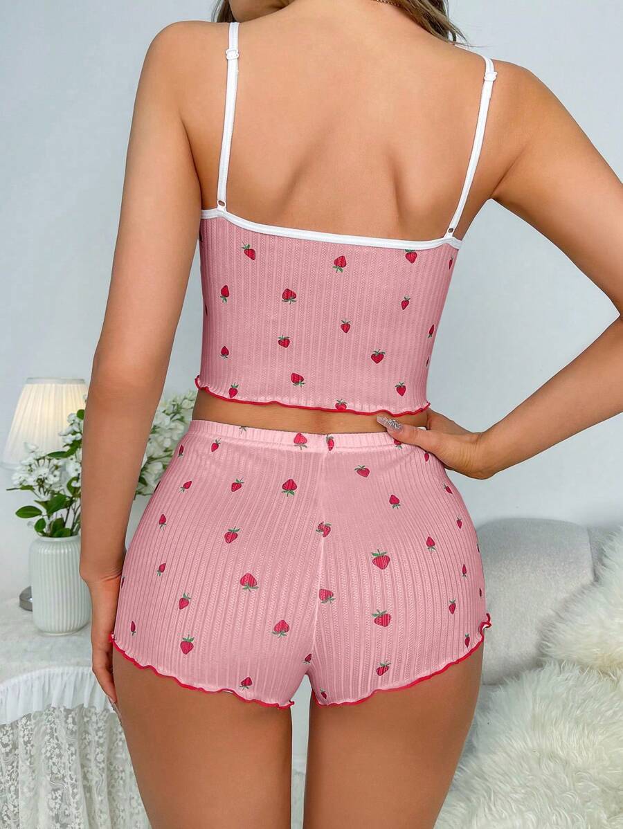 Plus-size loungewear pajamas, sexy strawberry print ribbed slim fit bow camisole pajama shorts