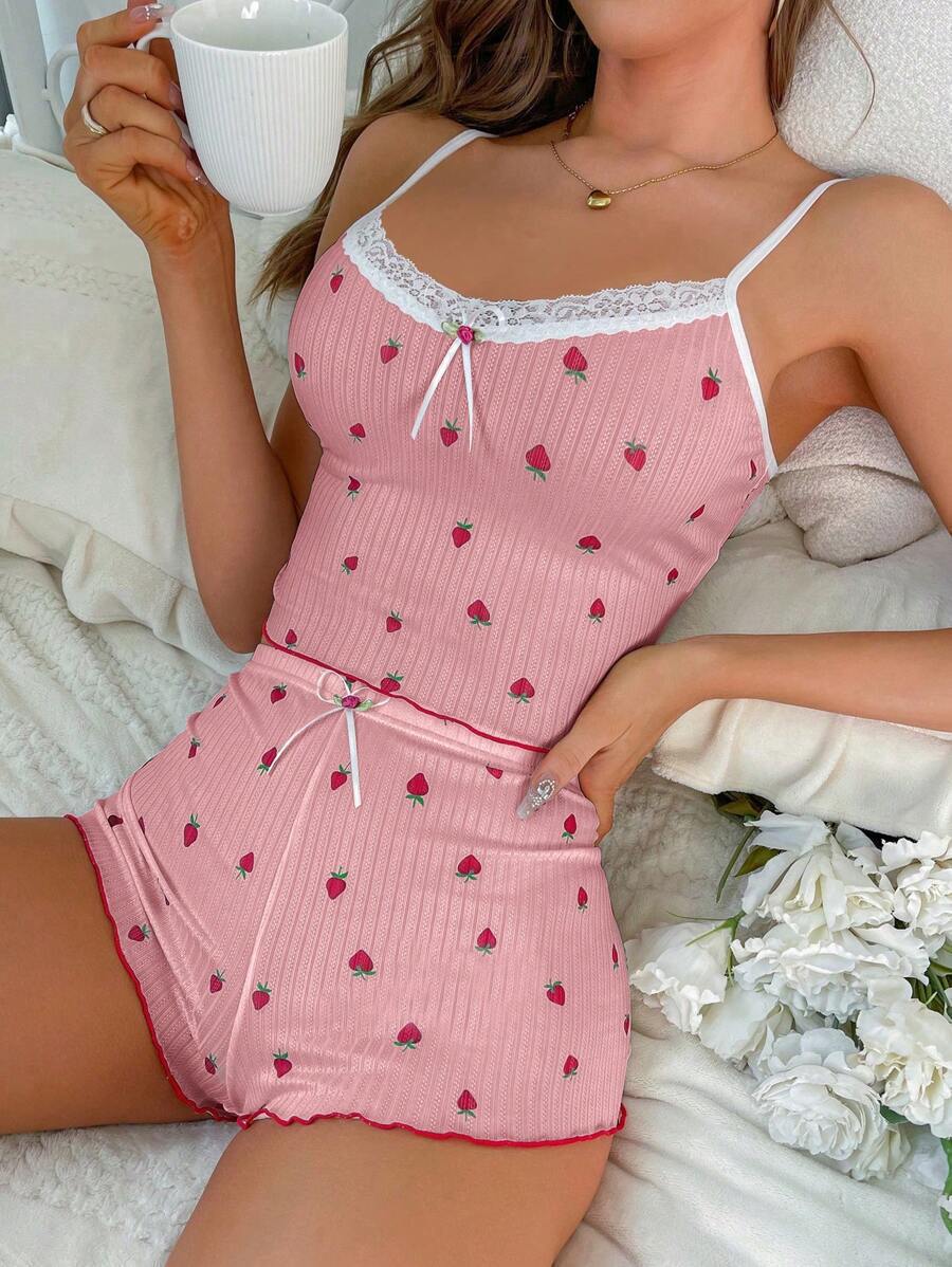 Plus-size loungewear pajamas, sexy strawberry print ribbed slim fit bow camisole pajama shorts
