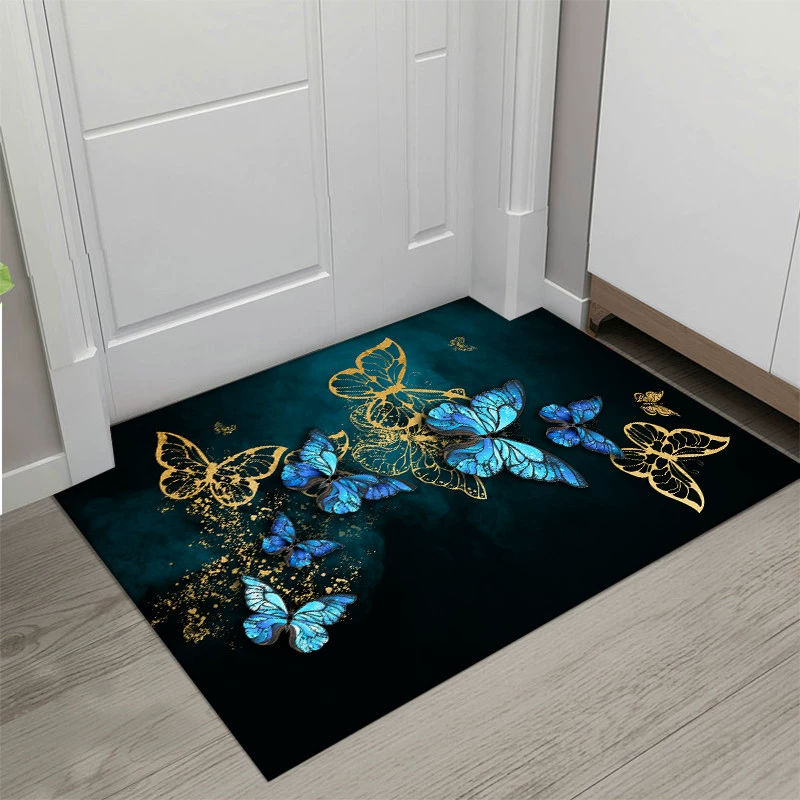 Bathroom mat carpet, blue and gold butterfly anti slip quick drying super absorbent thin bathroom carpet suitable for under doors easy to clean bathroom floor mat shower sink bathtub shower carpet
﻿