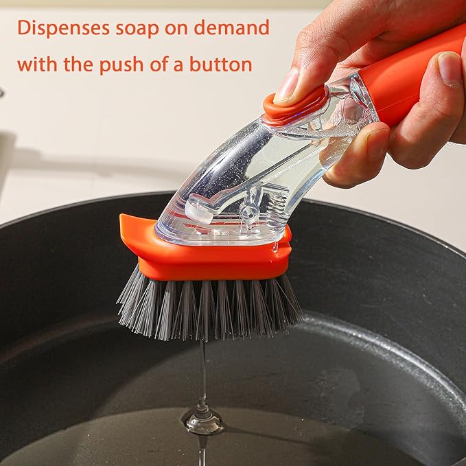 Soap Dish Brush with Handle Kitchen Scrub Brush for Dishes Pan Sink Cleaner (Orange)
