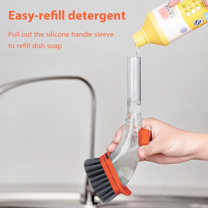 Soap Dish Brush with Handle Kitchen Scrub Brush for Dishes Pan Sink Cleaner (Orange)