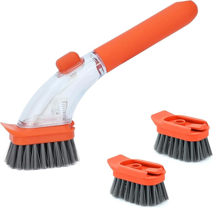 Soap Dish Brush with Handle Kitchen Scrub Brush for Dishes Pan Sink Cleaner (Orange)