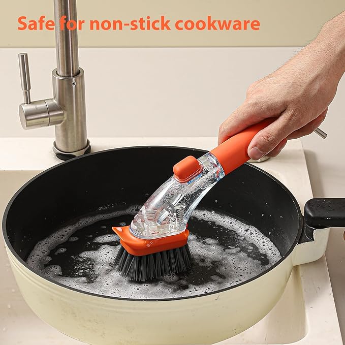 Soap Dish Brush with Handle Kitchen Scrub Brush for Dishes Pan Sink Cleaner (Orange)