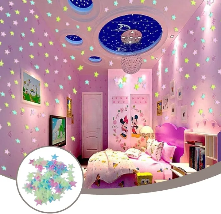 100pcs Sticky 3d Luminous Star Wall Sticker, Glow Stars Sticker Decals,Kids Bedroom Decor Or Party Birthday Gift (Small Star Stickers Multicolor)