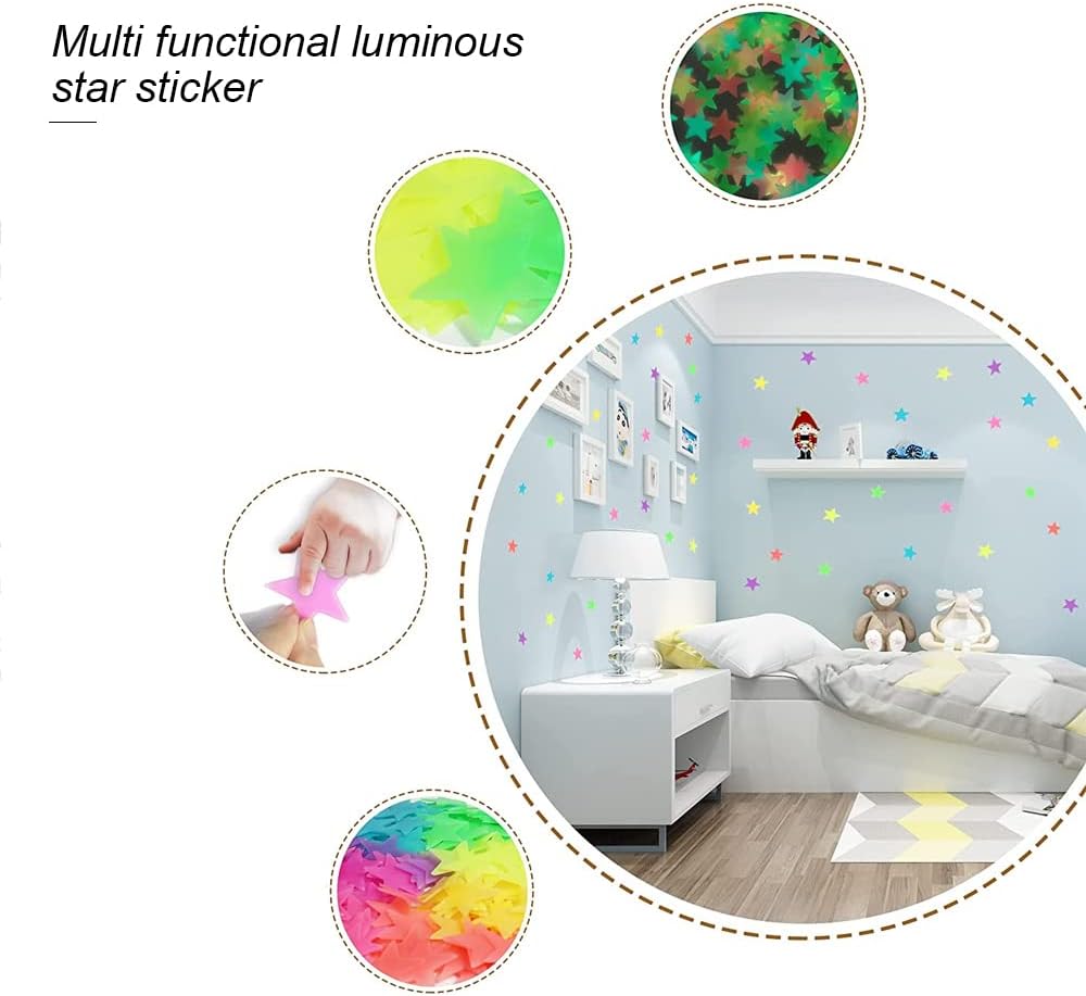 100pcs Sticky 3d Luminous Star Wall Sticker, Glow Stars Sticker Decals,Kids Bedroom Decor Or Party Birthday Gift (Small Star Stickers Multicolor)