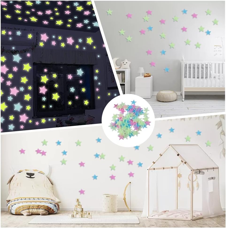 100pcs Sticky 3d Luminous Star Wall Sticker, Glow Stars Sticker Decals,Kids Bedroom Decor Or Party Birthday Gift (Small Star Stickers Multicolor)