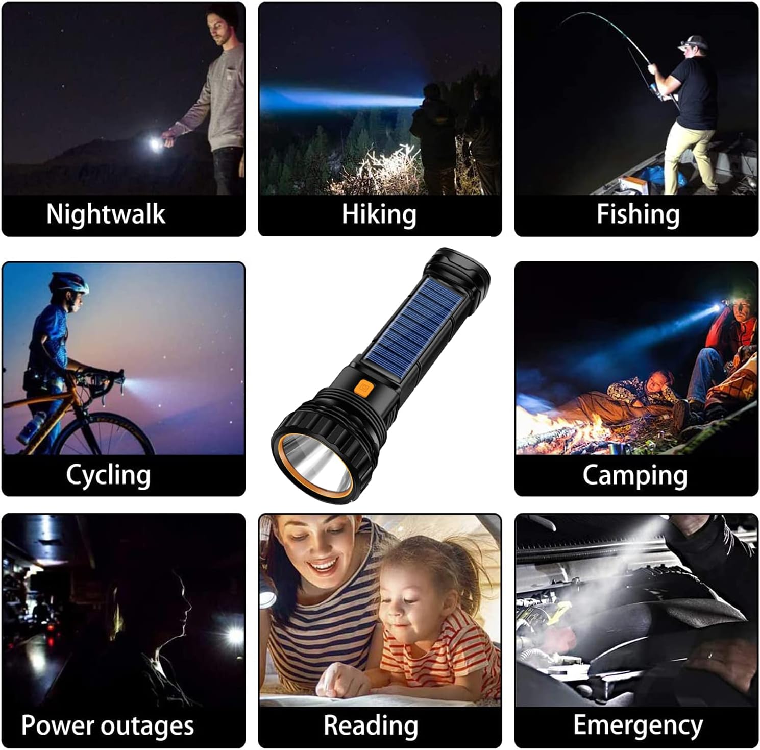 Solar/Rechargeable Multifunctional 1000 Lumen LED Flashlight with Emergency Strobe Light and 800 mAh Battery, Emergency Power Supply & USB Charging Cable, Fast Charging (1 Piece)