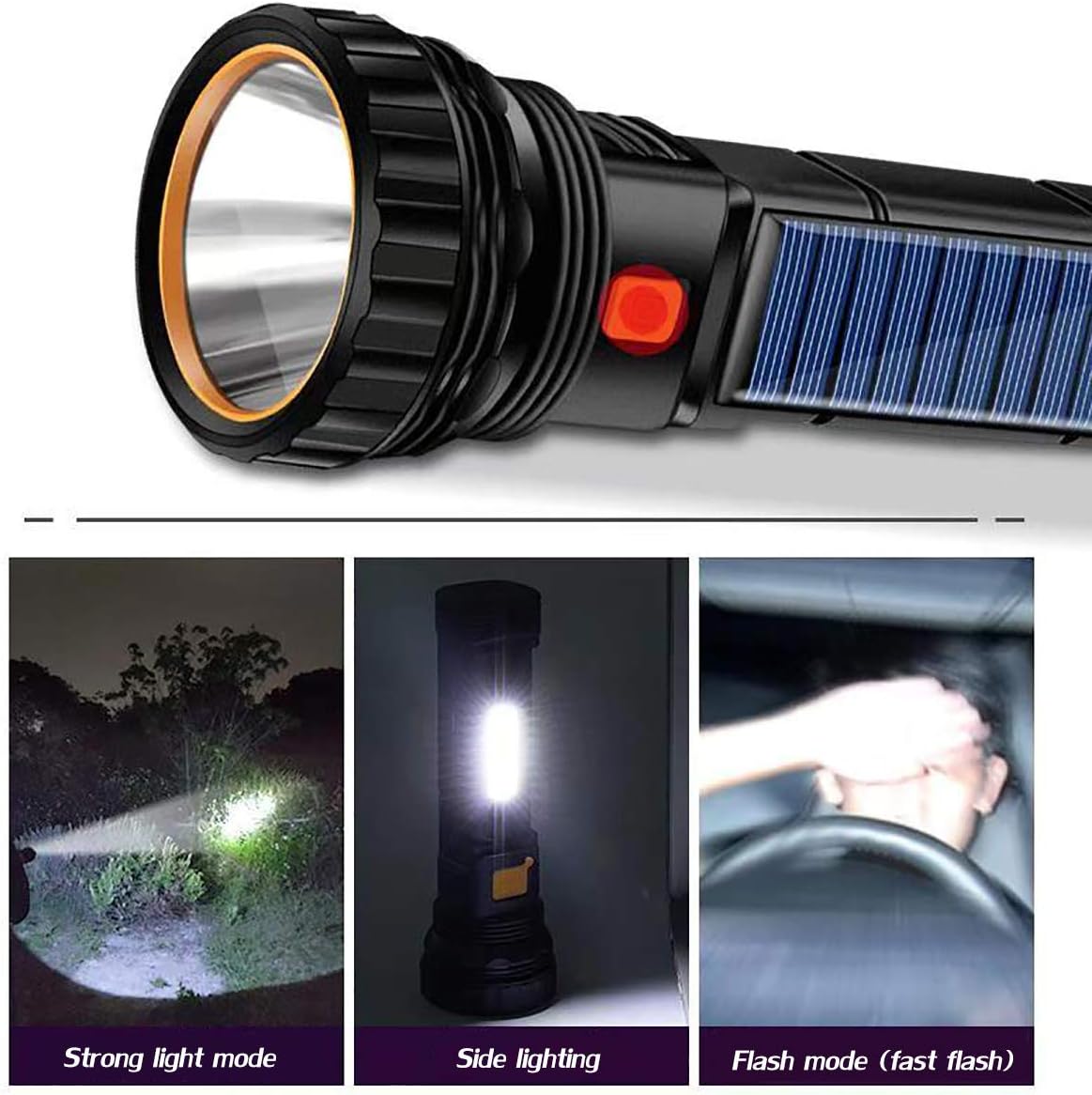 Solar/Rechargeable Multifunctional 1000 Lumen LED Flashlight with Emergency Strobe Light and 800 mAh Battery, Emergency Power Supply & USB Charging Cable, Fast Charging (1 Piece)